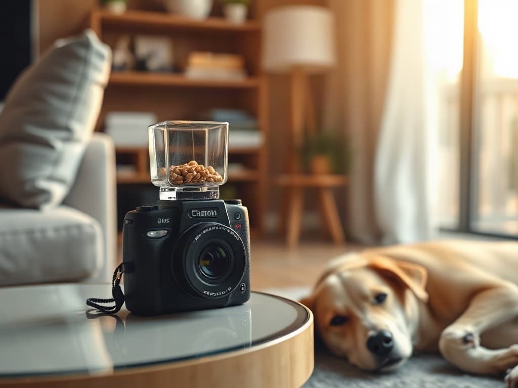 A small pet camera with a treat dispenser on a side table, while a dog rests nearby on the floor.