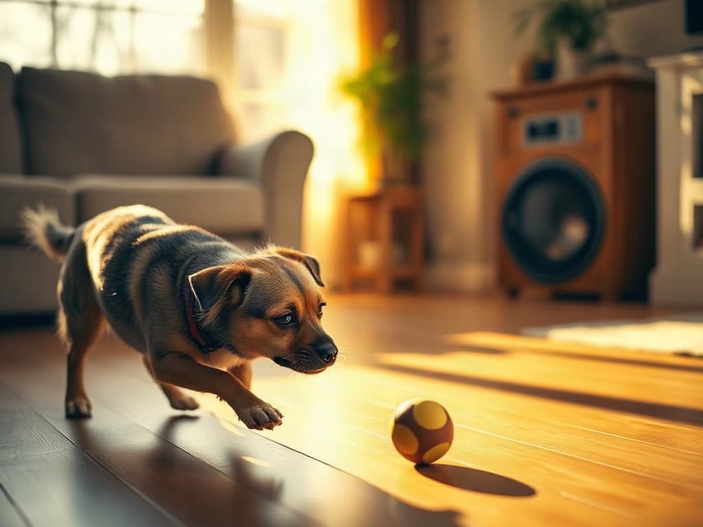 A dog watching an adaptive motion toy roll across a wooden floor in a sunlit living room.