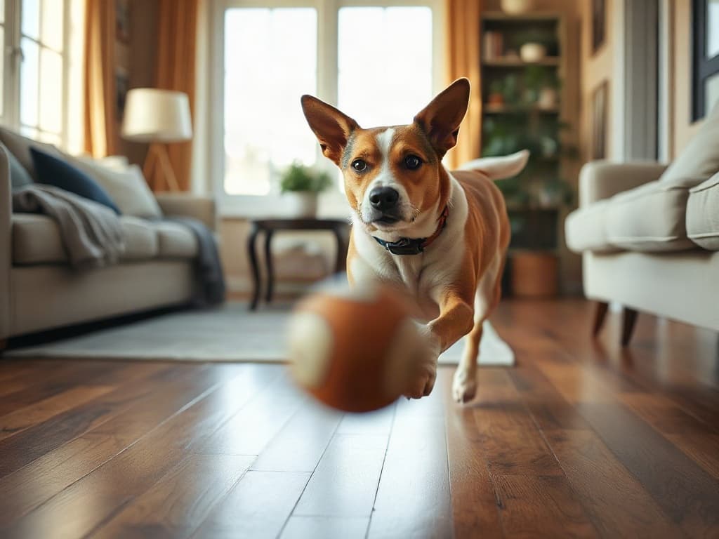 A dog in mid-stride chasing an adaptive motion ball across a wooden living room floor.