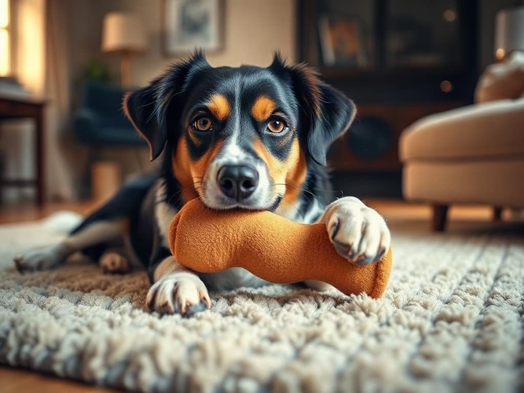 A dog lying on a soft rug chewing a long-lasting chew toy in a warm living room.