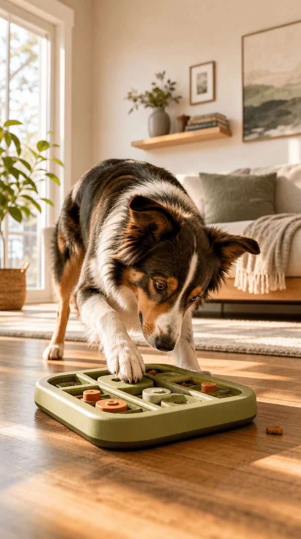 A dog working through a treat puzzle toy on a soft rug in a sunlit living room.